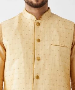 VASTRAMAY Men's Gold Banarasi Jacket With Rose Gold Silk Kurta And Gold Dhoti Set