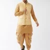 VASTRAMAY Men's Gold Banarasi Jacket With Rose Gold Silk Kurta And Dhoti Set