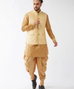 VASTRAMAY Men's Gold Banarasi Jacket With Rose Gold Silk Kurta And Dhoti Set