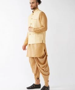 VASTRAMAY Men's Gold Banarasi Jacket With Rose Gold Silk Kurta And Dhoti Set