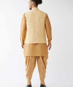 VASTRAMAY Men's Gold Banarasi Jacket With Rose Gold Silk Kurta And Dhoti Set