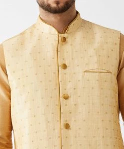 VASTRAMAY Men's Gold Banarasi Jacket With Rose Gold Silk Kurta And Dhoti Set