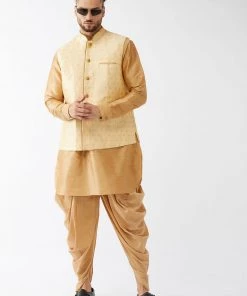VASTRAMAY Men's Gold Banarasi Jacket With Rose Gold Silk Kurta And Dhoti Set