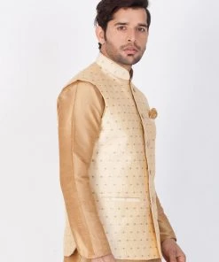 Vastramay Men's Gold Silk Blend Ethnic Jacket