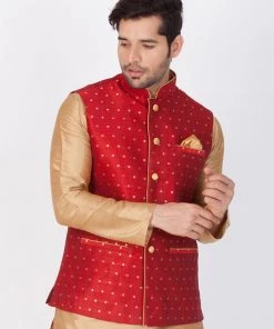 Vastramay Men's Maroon Cotton Blend Ethnic Jacket