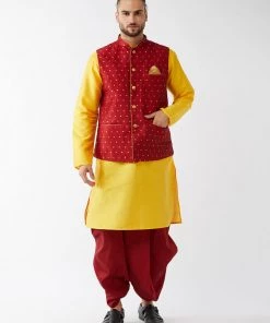 VASTRAMAY Men's Maroon Jacquard Jacket With Yellow Silk Kurta And Dhoti Set