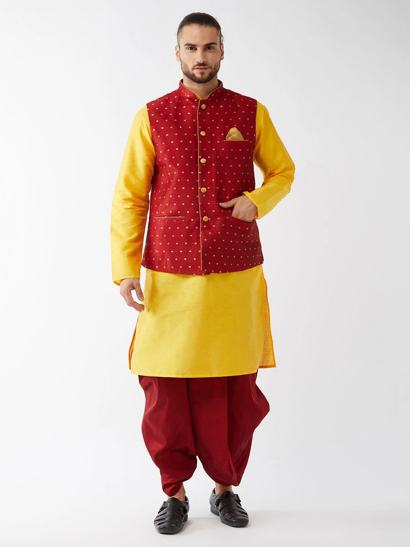 VASTRAMAY Men's Maroon Jacquard Jacket With Yellow Silk Kurta And Dhoti Set 3 VASTRAMAY Men's Maroon Jacquard Jacket With Yellow Silk Kurta And Dhoti Set