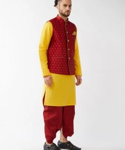 VASTRAMAY Men's Maroon Jacquard Jacket With Yellow Silk Kurta And Dhoti Set