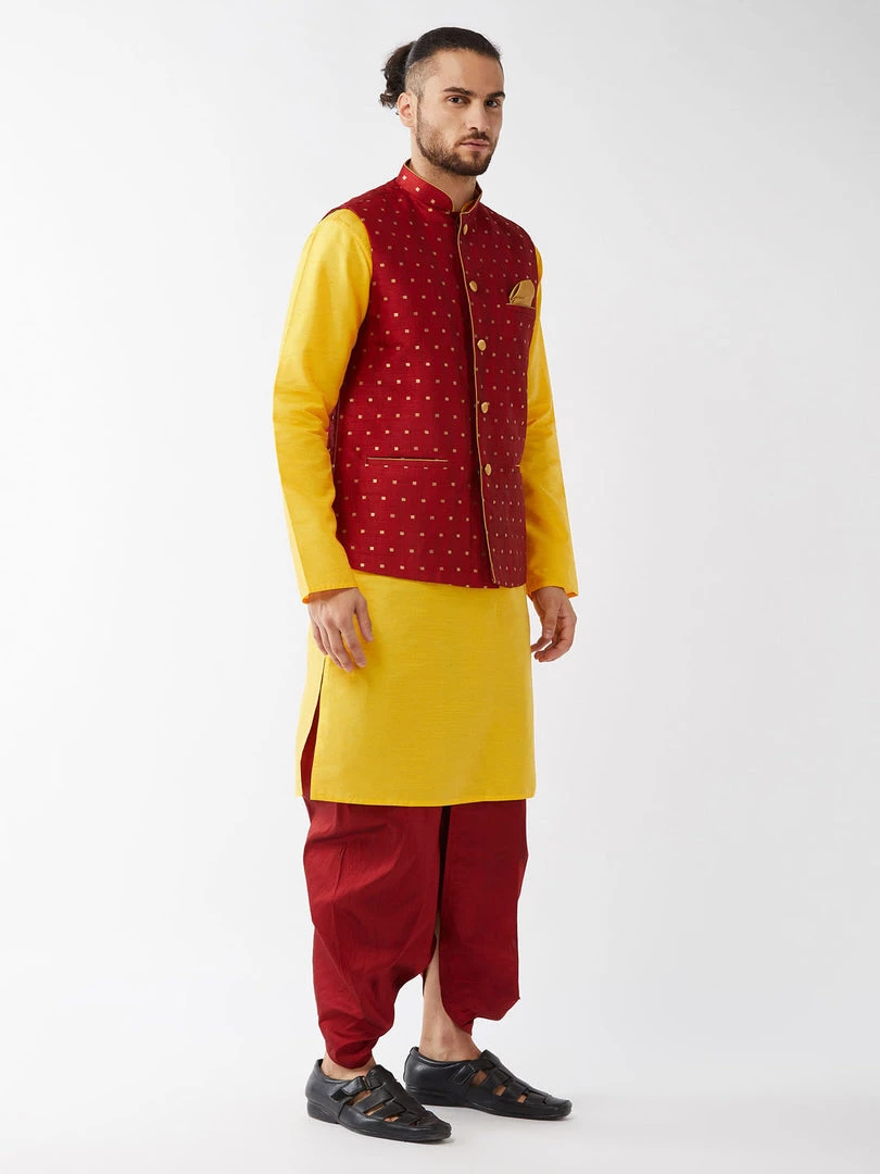 VASTRAMAY Men's Maroon Jacquard Jacket With Yellow Silk Kurta And Dhoti Set 4 VASTRAMAY Men's Maroon Jacquard Jacket With Yellow Silk Kurta And Dhoti Set