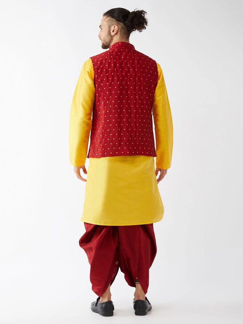 VASTRAMAY Men's Maroon Jacquard Jacket With Yellow Silk Kurta And Dhoti Set 5 VASTRAMAY Men's Maroon Jacquard Jacket With Yellow Silk Kurta And Dhoti Set
