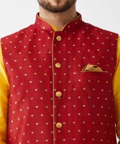 VASTRAMAY Men's Maroon Jacquard Jacket With Yellow Silk Kurta And Dhoti Set 12 VASTRAMAY Men's Maroon Jacquard Jacket With Yellow Silk Kurta And Dhoti Set
