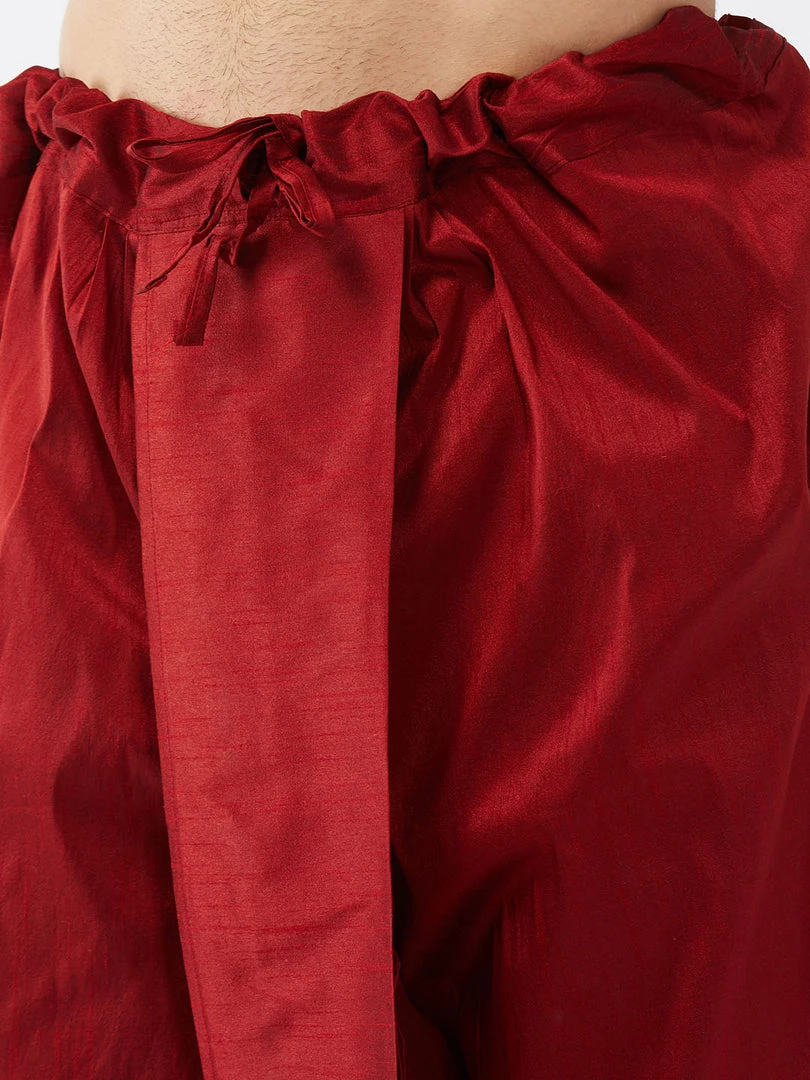 VASTRAMAY Men's Maroon Jacquard Jacket With Yellow Silk Kurta And Dhoti Set 7 VASTRAMAY Men's Maroon Jacquard Jacket With Yellow Silk Kurta And Dhoti Set