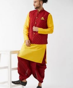VASTRAMAY Men's Maroon Jacquard Jacket With Yellow Silk Kurta And Dhoti Set 14 VASTRAMAY Men's Maroon Jacquard Jacket With Yellow Silk Kurta And Dhoti Set