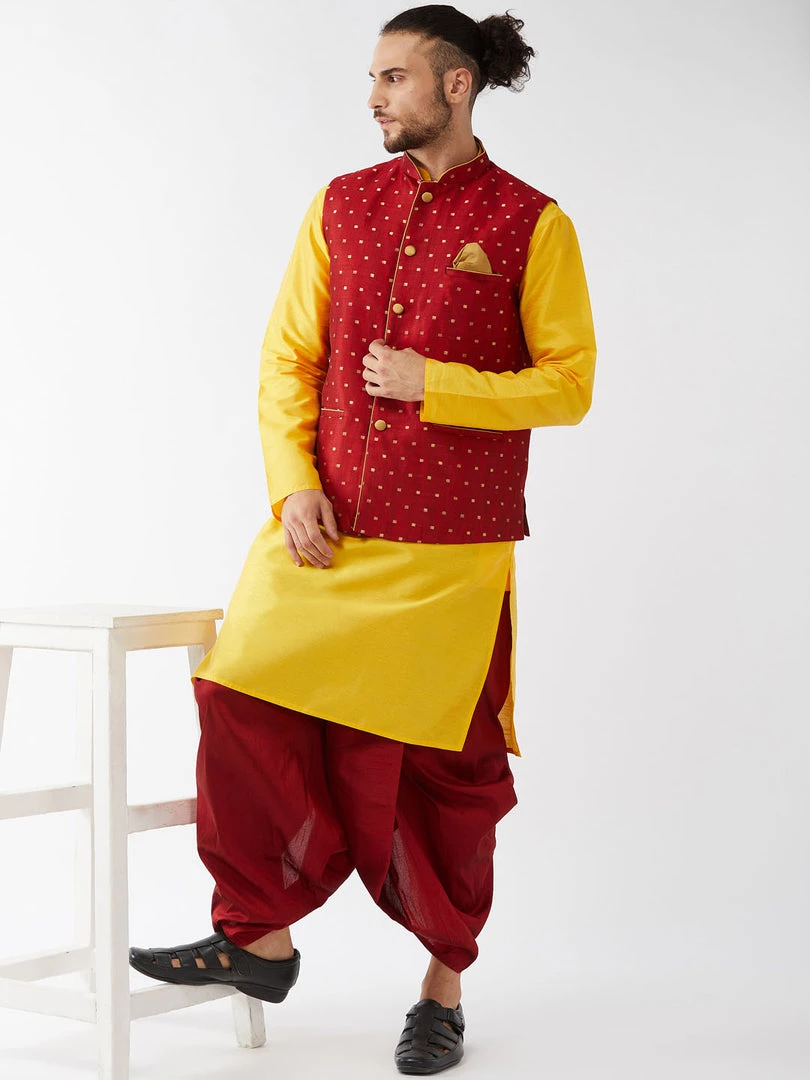 VASTRAMAY Men's Maroon Jacquard Jacket With Yellow Silk Kurta And Dhoti Set 8 VASTRAMAY Men's Maroon Jacquard Jacket With Yellow Silk Kurta And Dhoti Set