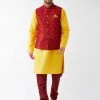 VASTRAMAY Men's Maroon Silk Blend Ethnic Jacket, Yellow Kurta And Maroon Pyjama Set Jacket Kurta Sets