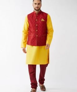 VASTRAMAY Men's Maroon Silk Blend Ethnic Jacket, Yellow Kurta And Maroon Pyjama Set Jacket Kurta Sets