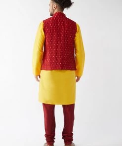 VASTRAMAY Men's Maroon Silk Blend Ethnic Jacket, Yellow Kurta And Maroon Pyjama Set Jacket Kurta Sets