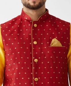 VASTRAMAY Men's Maroon Silk Blend Ethnic Jacket, Yellow Kurta And Maroon Pyjama Set Jacket Kurta Sets