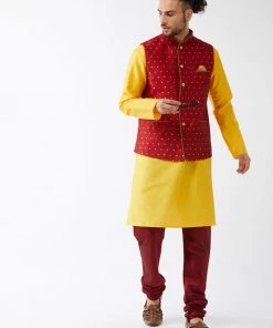 VASTRAMAY Men's Maroon Silk Blend Ethnic Jacket, Yellow Kurta And Maroon Pyjama Set Jacket Kurta Sets