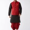 VASTRAMAY Men's Maroon Jacquard Jacket With Black Silk Kurta And Maroon Dhoti Set