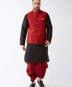 VASTRAMAY Men's Maroon Jacquard Jacket With Black Silk Kurta And Maroon Dhoti Set