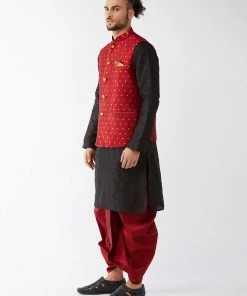 VASTRAMAY Men's Maroon Jacquard Jacket With Black Silk Kurta And Maroon Dhoti Set