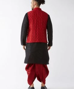 VASTRAMAY Men's Maroon Jacquard Jacket With Black Silk Kurta And Maroon Dhoti Set