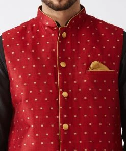 VASTRAMAY Men's Maroon Jacquard Jacket With Black Silk Kurta And Maroon Dhoti Set
