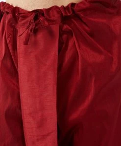 VASTRAMAY Men's Maroon Jacquard Jacket With Black Silk Kurta And Maroon Dhoti Set