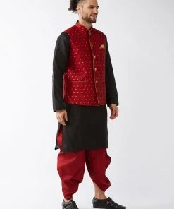 VASTRAMAY Men's Maroon Jacquard Jacket With Black Silk Kurta And Maroon Dhoti Set