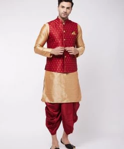 VASTRAMAY Men's Rose Gold Silk Blend Kurta And Dhoti With Maroon Woven Nehru Jacket