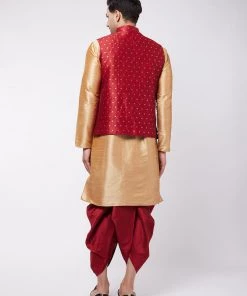 VASTRAMAY Men's Rose Gold Silk Blend Kurta And Dhoti With Maroon Woven Nehru Jacket