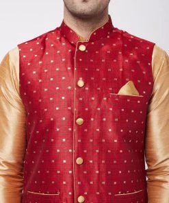 VASTRAMAY Men's Rose Gold Silk Blend Kurta And Dhoti With Maroon Woven Nehru Jacket