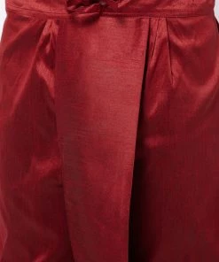 VASTRAMAY Men's Rose Gold Silk Blend Kurta And Dhoti With Maroon Woven Nehru Jacket