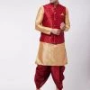 VASTRAMAY Men's Rose Gold Silk Blend Kurta And Dhoti With Maroon Woven Nehru Jacket 2 VASTRAMAY Men's Rose Gold Silk Blend Kurta And Dhoti With Maroon Woven Nehru Jacket
