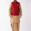 VASTRAMAY Men's Rose Gold Solid Silk Blend Kurta And Dhoti With Maroon Nehru Jacket