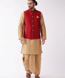 VASTRAMAY Men's Rose Gold Solid Silk Blend Kurta And Dhoti With Maroon Nehru Jacket