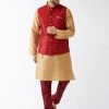 Vastramay Men's Maroon Silk Blend Ethnic Jacket, Rose Gold Kurta And Maroon Pyjama Set