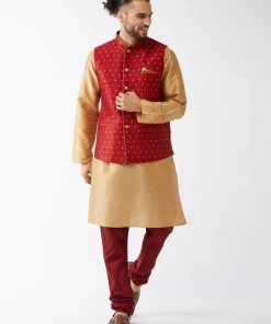 Vastramay Men's Maroon Silk Blend Ethnic Jacket, Rose Gold Kurta And Maroon Pyjama Set