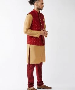 Vastramay Men's Maroon Silk Blend Ethnic Jacket, Rose Gold Kurta And Maroon Pyjama Set