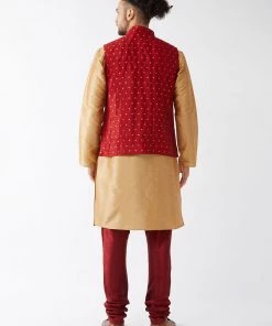 Vastramay Men's Maroon Silk Blend Ethnic Jacket, Rose Gold Kurta And Maroon Pyjama Set