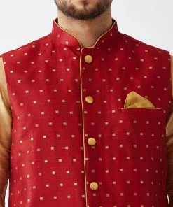 Vastramay Men's Maroon Silk Blend Ethnic Jacket, Rose Gold Kurta And Maroon Pyjama Set