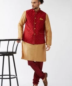 Vastramay Men's Maroon Silk Blend Ethnic Jacket, Rose Gold Kurta And Maroon Pyjama Set