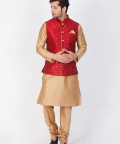 Vastramay Maroon And Rose Gold Silk Blend Baap Beta Jacket Kurta Pyjama Set