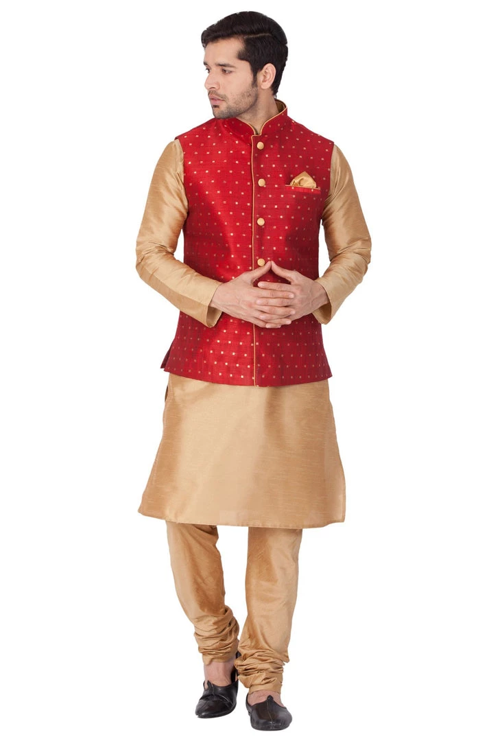 Vastramay Men's Gold Cotton Silk Blend Kurta, Ethnic Jacket And Pyjama Set 3 Vastramay Men's Gold Cotton Silk Blend Kurta, Ethnic Jacket And Pyjama Set