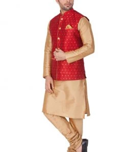 Vastramay Men's Gold Cotton Silk Blend Kurta, Ethnic Jacket And Pyjama Set