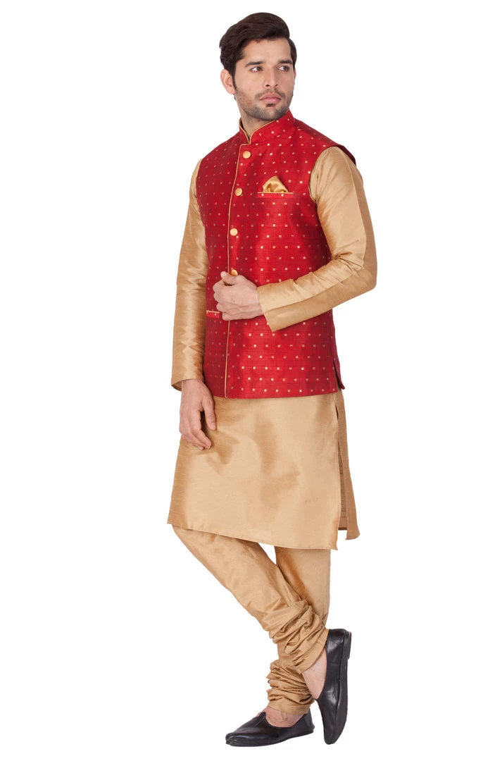 Vastramay Men's Gold Cotton Silk Blend Kurta, Ethnic Jacket And Pyjama Set 4 Vastramay Men's Gold Cotton Silk Blend Kurta, Ethnic Jacket And Pyjama Set