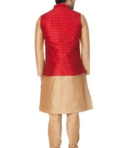 Vastramay Men's Gold Cotton Silk Blend Kurta, Ethnic Jacket And Pyjama Set 11 Vastramay Men's Gold Cotton Silk Blend Kurta, Ethnic Jacket And Pyjama Set