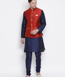 Vastramay Silk Blend Maroon And Navy Blue Baap Beta Jacket Kurta Pyjama Set