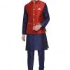 Vastramay Men's Dark Blue Cotton Silk Blend Kurta, Ethnic Jacket And Pyjama Set
